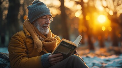 old man reading book at park autumn season, Generative Ai