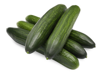 Many long fresh cucumbers isolated on white