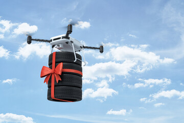 3d rendering of white drone carrying four black vehicle tires with red ribbon on blue sky background