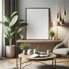 Mockup poster frame close up in interior background, 3d render. Background for business