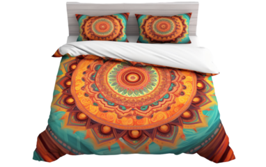 A vibrant bed with a colorful comforter and pillows, creating a warm and inviting atmosphere