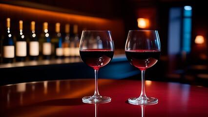 Two red wine glass and collection of wines on the background in the wine bar - 772191329