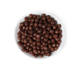 Chocolate cereal balls in bowl isolated on white, top view