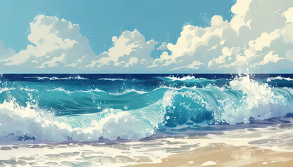 The sound of waves crashing against the shore was soothing and calming. - obrazy, fototapety, plakaty