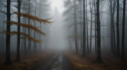 landscape mystical white fog in the autumn depressive forest, sadness loneliness mood.generative.ai
