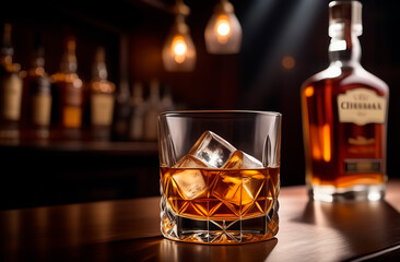 Whiskey drinks on the wood counter in the bar - 772191569