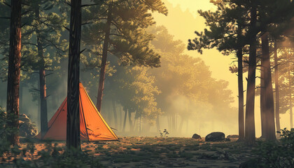 The scent of pine trees and campfire smoke lingered in the air at the campground. - obrazy, fototapety, plakaty