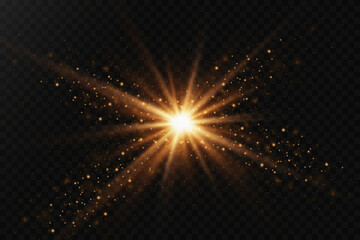 Fototapeta na wymiar Golden flash light and magical star explosion, glow of particles and sparks. On a transparent background.