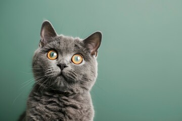 funny british shorthair cat portrait looking shocked or surprised on green background with copy space - generative ai - obrazy, fototapety, plakaty
