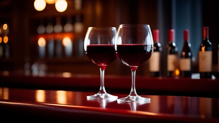 Two red wine glass and collection of wines on the background in the wine bar - 772191737