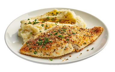 Savory Baked Zander with Herb Crust on transparent background.