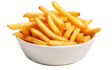 A bowl of crispy French fries on a white background, inviting you to dive into their savory crunchiness