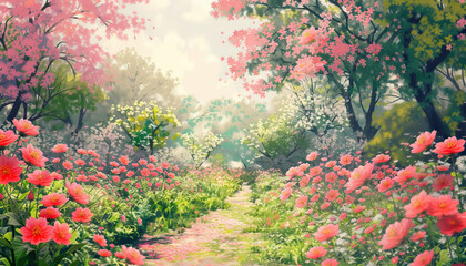 The scent of blooming flowers filled the garden with a sweet fragrance.. japan - obrazy, fototapety, plakaty