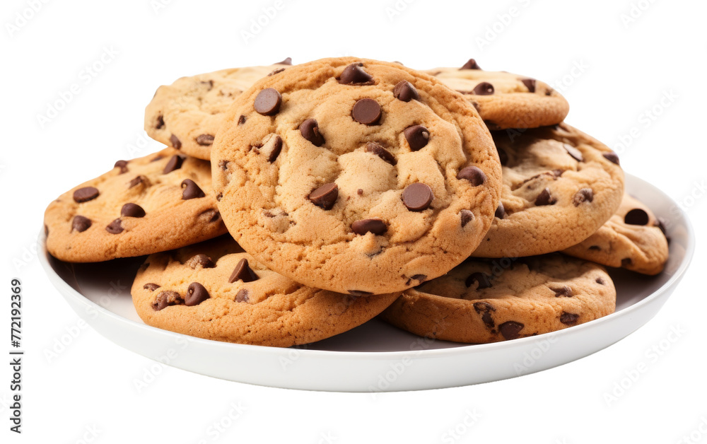 Wall mural a plate holds freshly baked chocolate chip cookies against a white background