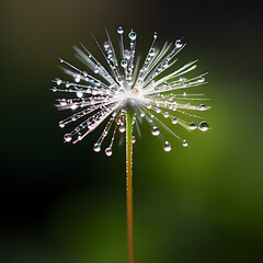  a single dandelion seed head its delicat hairs glistening with tiny dewdrops like miniature