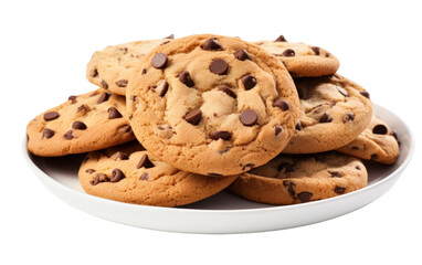 A plate holds freshly baked chocolate chip cookies against a white background