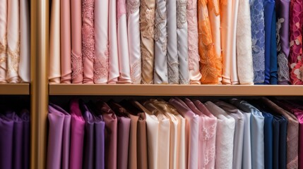 A row of colorful fabric on a shelf