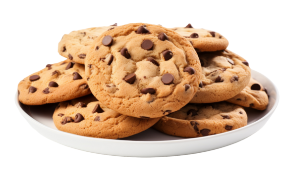 A plate holds freshly baked chocolate chip cookies against a white background