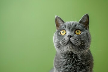 funny british shorthair cat portrait looking shocked or surprised on green background with copy space - generative ai