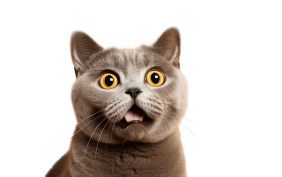 A cat with wide eyes and raised eyebrows looks surprised against a soft twilight sky