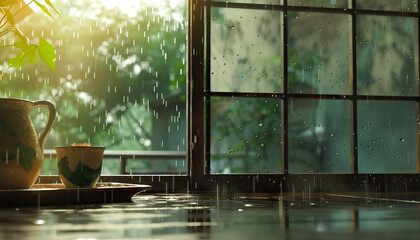 The sound of rain tapping against the window created a cozy atmosphere indoors. japan 