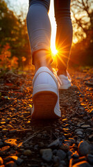 Golden sunlight bathes the trail as a person walks, capturing the tranquility of an evening stroll through nature.