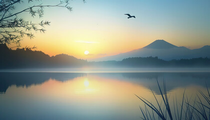 The distant call of a bird echoed across the serene lake at dawn - obrazy, fototapety, plakaty