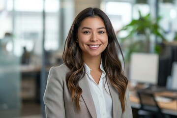Obraz premium Professional Hispanic Woman in Modern Office Setting