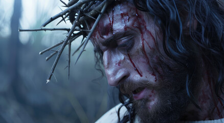 Jesus Christ with crown of thorns on his head - obrazy, fototapety, plakaty