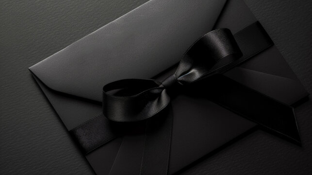Aesthetic elegant black envelope invitation with ribbon for gala event. Greeting concept. Copy space. Generative AI