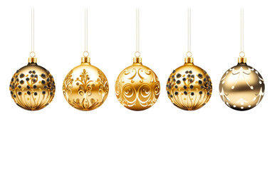 Shimmering gold Christmas ornaments dangle gracefully on strings in a decorative row