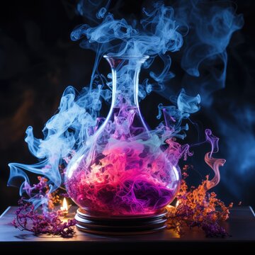 bottle of perfume on dackground with smoke
