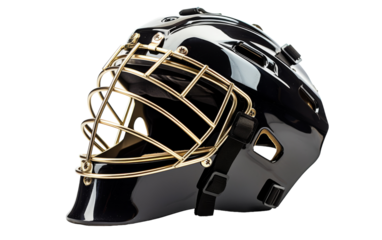 A hockey goalie mask in black and gold colors, ready to protect the net on the ice