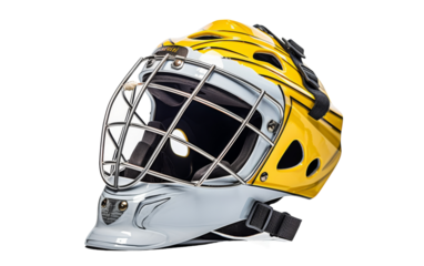 A goalie mask with a yellow and silver helmet, ready for action on the ice