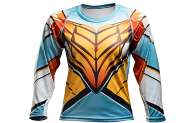 A long sleeved shirt with a colorful, intricate design featuring geometric shapes and floral patterns