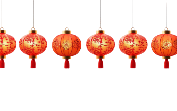 A group of vibrant red lanterns sway gently from strings in a mesmerizing display of color and light