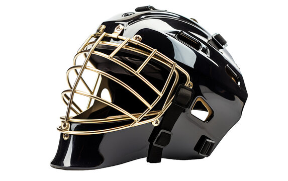 A hockey goalie mask in black and gold colors, ready to protect the net on the ice