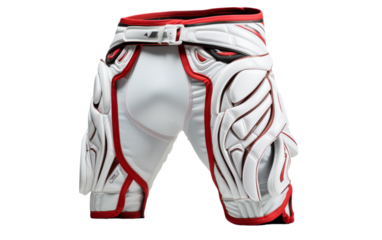 A close up of white and red goalie pants worn by a hockey player preparing to defend the goal