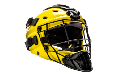 A bright yellow catchers helmet with a sleek black face guard, ready for action on the field