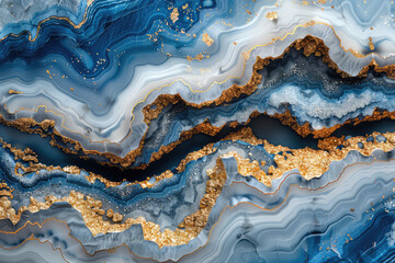 Abstract Blue and Gold Geode wallpaper, blue marble background with gold veins. Created with Ai - obrazy, fototapety, plakaty