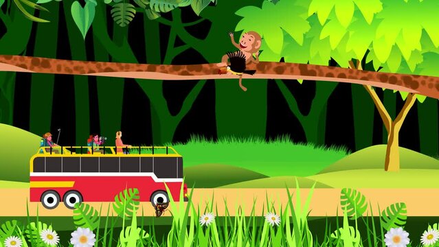 4k cartoon animation  of Bus with tourists driving among the jungle forests trees monkey on tree blue sky with the clouds