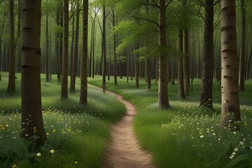 A forest with green trees and flowers in spring, green unspoiled nature concept Generative AI