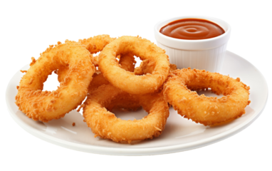 A white plate holds golden-brown onion rings beside a cup of ketchup