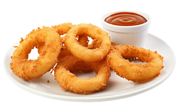 A white plate holds golden-brown onion rings beside a cup of ketchup