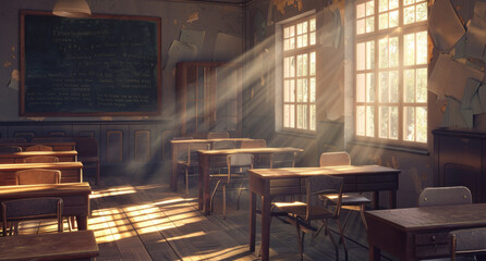 interior of a old classroom with a chalkboard