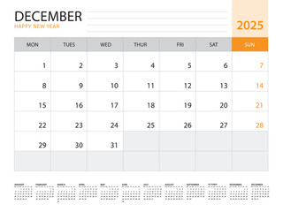 Calendar 2025 template vector on orange background, December 2025, week start on monday, Desk calendar 2025 year, Wall calendar design, corporate planner template, Stationery, organizer diary, vector