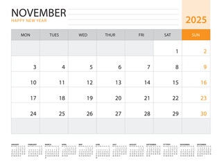 Calendar 2025 template vector on orange background, October 2025, week start on monday, Desk calendar 2025 year, Wall calendar design, corporate planner template, Stationery, organizer diary, vector