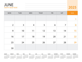 Calendar 2025 template vector on orange background, June 2025, week start on monday, Desk calendar 2025 year, Wall calendar design, corporate planner template, Stationery, organizer diary, vector