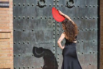 Young, beautiful, brunette woman with black top and skirt, dancing flamenco with a red fan in front...
