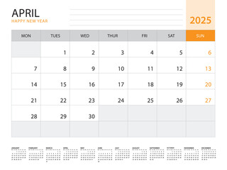 Calendar 2025 template vector on orange background, April 2025, week start on monday, Desk calendar 2025 year, Wall calendar design, corporate planner template, Stationery, organizer diary, vector